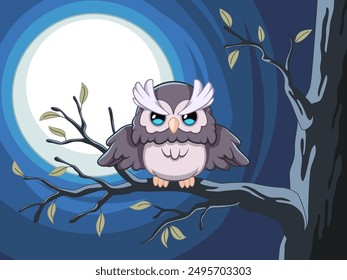 Nachts Raubvogel auf dem Ast. Niedliche Eule in Baum in der Nacht, Halloween-Landschaft, Kinder lustige Figur, weise filin, Tierwelt Charakter im Wald, smart symbol, Cartoon flach aufgeräumt Vektorkonzept