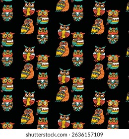Nocturnal Charm: Colorful Owl Pattern on black background
