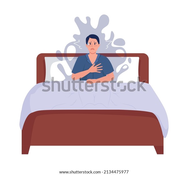 Nocturnal fears semi flat color vector\
character. Lying figure. Full body person on white. Nightmare and\
panic attack simple cartoon style illustration for web graphic\
design and animation