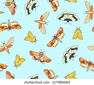 Nocturnal moth, butterflies and moth, seamless vector background, wallpaper, banner, pattern. Flying insects, nature, entomology and entomological, vector design