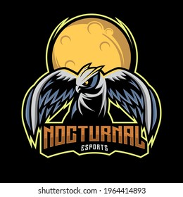 Nocturnal Owl birds e-sport logo design. A bird with a Moon Background. Mascot design