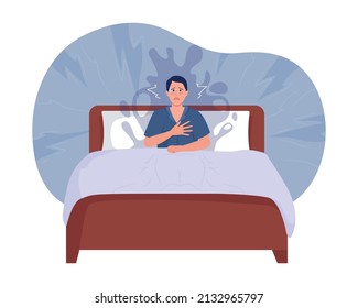 Ilustración aislada del vector 2D de ataque de pánico Nocturnal. El hombre despierta de repente a un personaje plano sobre el fondo de las caricaturas. Experimenta el miedo mientras duerme la colorida escena para el móvil, el sitio web, la presentación