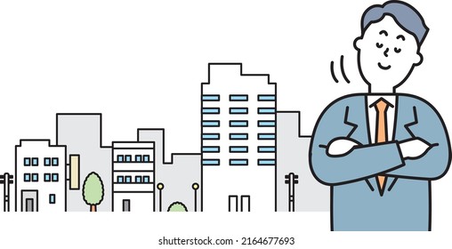 Nodding business person and cityscape