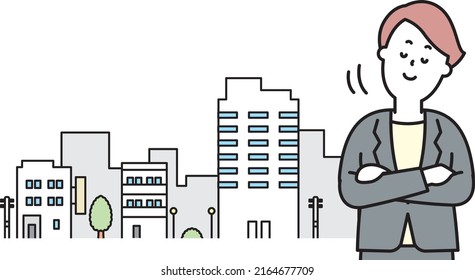 Nodding business person and cityscape