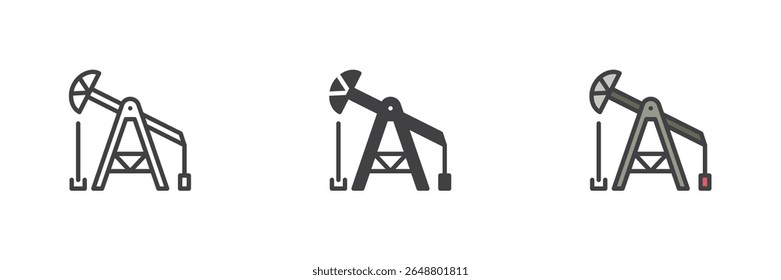 Ícone de bomba de cabeça de cavalo ou burro que acena em linha, estilos de vetor de contorno sólido e preenchido. Símbolo da maquinaria de extração de campos de petróleo. Ícone colorido definido para a indústria petrolífera.