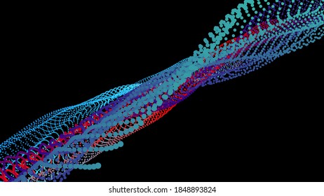 Node 3d data array. Dots organized to network data flow. Deep big surface nodes as mesh grid. Vector colorful background for technical pages about new technologies and science.