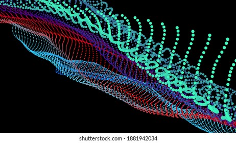 Node 3d data array. Dots organized to network data flow. Deep big surface nodes as mesh grid. Vector colorful background for technical pages about new technologies and science.