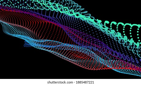 Node 3d data array. Dots organized to network data flow. Deep big surface nodes as mesh grid. Vector colorful background for technical pages about new technologies and science.