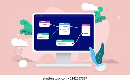 Node based programming on computer - Desktop screen with nodes and coding, vector illustration