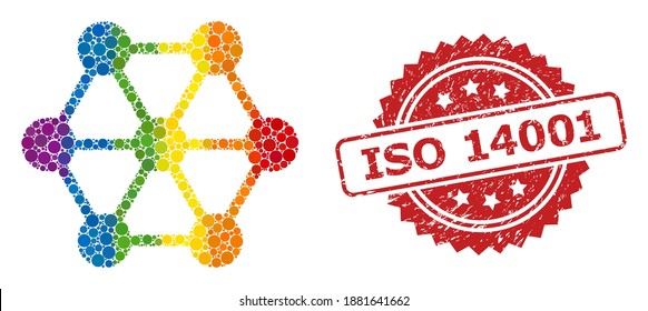 Node connections collage icon of round dots in various sizes and LGBT color tones, and ISO 14001 textured rosette stamp seal. A dotted LGBT-colored Node connections for lesbians, gays,