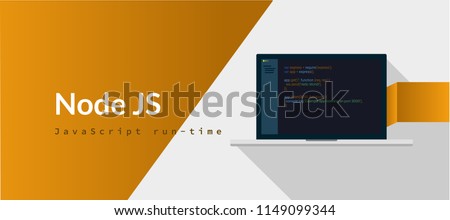 Node JS Javascript run-time programming language with script code on laptop screen, programming language code illustration