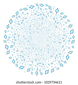 Node Link explosion spheric cluster. Object pattern organized from scattered node link pictograms as burst round shape. Vector illustration style is flat iconic symbols.