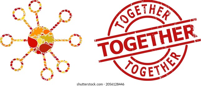 Node Links mosaic icon constructed for fall seasonwith TOGETHER rubber seal. Vector node links mosaic is constructed from randomized fall maple and oak leaves.