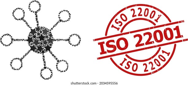 Node links star mosaic and grunge ISO 22001 seal. Red seal with corroded style and ISO 22001 text inside circle. Abstract node links composition is designed with randomized flat star parts.