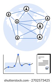 Knoten, die über eine Weltkarte verbunden sind, bilden einen fluktuierenden Graphen und ein signiertes Dokument ab. Ideal für Netzwerke, Globalisierung, Analytik, Kommunikation, Konnektivität, Digitalisierung, globale Reichweite. Zeile