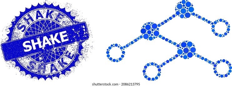 Nodes structure vector composition of circle dots in different sizes and blue color shades, and distress Shake stamp. Blue round sharp rosette stamp contains Shake tag inside.