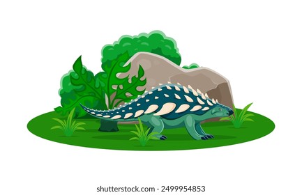 Personaje de dinosaurio prehistórico Nodosaurus. Antiguo reptil herbívoro de la era del Cretácico Inferior. Vector de dibujos animados aislado blindado, dinosaurio anquilosáurico con púas que se esconde detrás de una exuberante vegetación y rocas