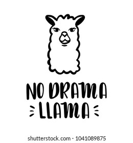 Nodrama Llama vector quote with hand drawn llama. Llama motivational and inspirational quote. Simple cool white llama head drawing, hand drawn vector illustration