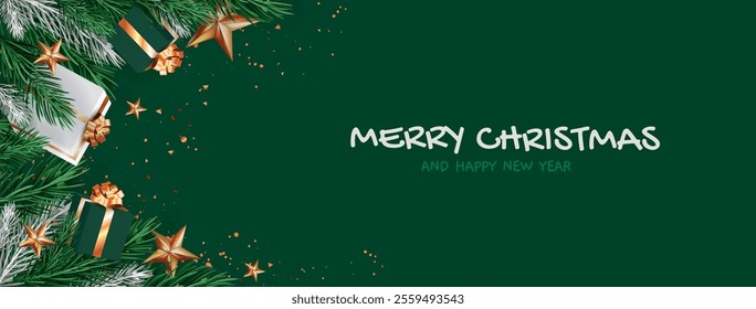 Noel background with festive border with pine branches, golden stars and wrapped presents. Emerald green design with gold decorations, white gift boxes and holiday greetings text for Christmas banner.