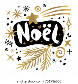 Noel Best Wishes Happy New Year sketch style Merry Christmas quote lettering Typography greeting card Gold black white doodles trendy elements. Hand drawn vector illustration.