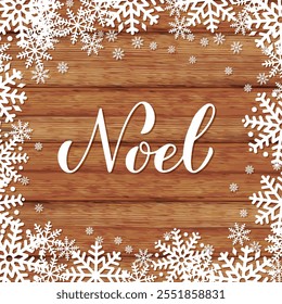 Noel calligraphy hand lettering on wood background with snowflakes. Winter holidays quote. Vector template for typography poster, banner, greeting card, etc.