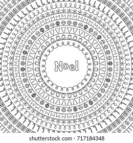 Noel card. Greeting 2018 Christmas postcard. Hand drawn line border and frame. Calligraphy phrase. Handwritten season lettering. Winter holidays. Trendy doodle style. New Year brushes design