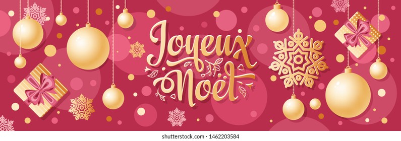 Noel Christmas banner Background design French Christmas Joyeux Noel. Realistic gold balls on winter holiday poster Horizontal christmas posters, cards, headers, website Joyeux Noël francais ruby pink