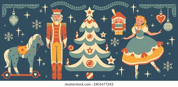 Noel Christmas fairy tail set. Nutcracker, Christmas tree baubles, decorations, toy soldier. Elegant vintage style vector art. Retro collection of isolated flat illustrations, stickers.
