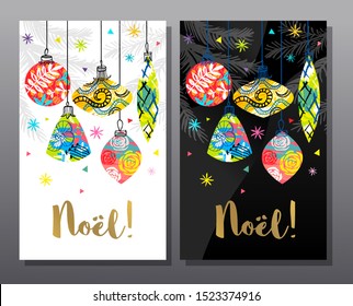 Noel, Christmas greeting cards tags, New Year, Merry Christmas tree branches decor. Seasons decoration design pattern background, packaging, cover, banner. Hand drawn vector illustration.