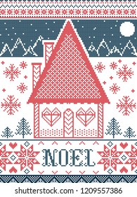 Noel Christmas pattern with winter wonderland village , seamless pattern elements inspired by Nordic festive winter in cross stitch with gingerbread house, mountains, heart, snowflake, snow, tree