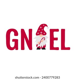 Noel with cute cartoon gnome. Christmas sign. Vector template for typography poster, banner, greeting card, sticker, etc
