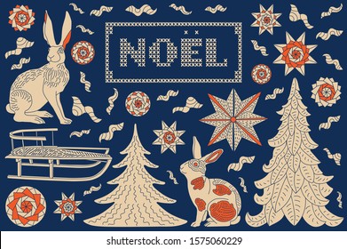 Noel greeting card. Christmas decorative background with rabbits, winter trees and stars.