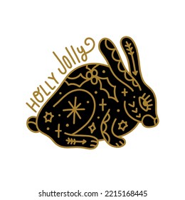 Noel groovy black and gold boho ornate animal rabbit or hare isolated on white background. Doodle boho Christmas and New Year Xmas Scandinavian character, holiday card, sticker, good for enamel pin