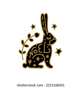 Noel groovy black and gold boho ornate animal rabbit or hare isolated on white background. Doodle boho Christmas and New Year Xmas Scandinavian character, holiday card, sticker, good for enamel pin