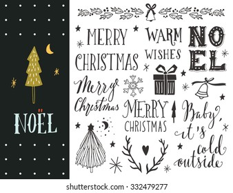 Noel. Hand drawn Christmas holiday collection with lettering and decoration elements for greeting cards, stationary, gift tags, scrapbooking, invitations.