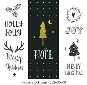 Noel. Hand drawn Christmas holiday collection with lettering and decoration elements for greeting cards, stationary, gift tags, scrapbooking, invitations.