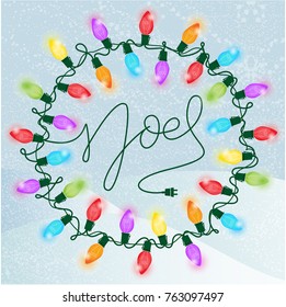 Noel Handwritten Colorful Glowing Light Wreath on Snowy Background; Retro style inspired by mid-century modern illustration