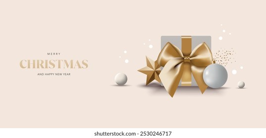 Plantilla de diseño de tarjeta de invitación Noel. Tarjeta de felicitación de Navidades con caja de regalo de cinta de oro, estrella, bola de nieve y confeti. Ilustración realista 3D para vacaciones, festivo, redes sociales, folleto, volante, anuncios