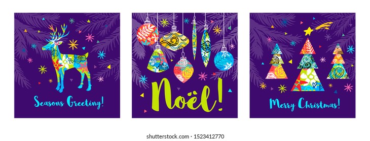 Noel lettering seasons greeting card. Merry Christmas tree branch colorful deer decor. New Year color decoration snowflakes design pattern, packaging, cover, banner. Hand drawn vector illustration.