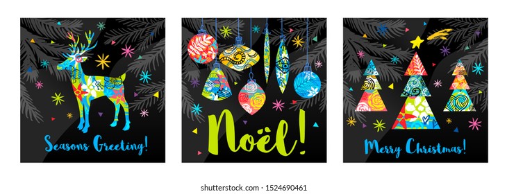 Noel lettering seasons greeting card. Merry Christmas tree branch colorful deer decor. New Year ornamental decoration snowflakes design pattern, packaging, cover, banner Hand drawn vector illustration