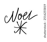 Noel lettering text, hand drawn black and white snowflake. Brush, ink Christmas decor element. New Year party day card, pattern element and winter symbol. Vector, clip-art.