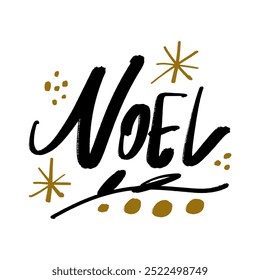 Noel lettering text, hand drawn black and white snowflake. Brush, ink Christmas decor element. New Year party day card, pattern element and winter symbol. Vector, clip-art.