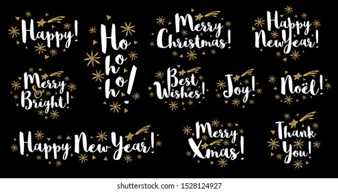 Noel Merry Christmas Happy New Year typography emblems letterings logo text greeting cards. Stars snow snowflakes. Hand drawn vector illustration.