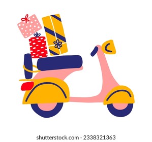 Noel postcard with retro cartoon scooter. Motorbike with shopping and gifts for Christmas. Vector illustration for card, cover, t shirt, bag. 