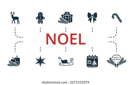 Noel set. Creative icons: elk, gingerbread man, christmas gift, festive bow, candy cane, candles, christmas star, sleigh, christmas day, merry christmas.