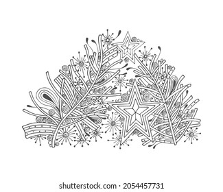 Noel star zentangle star tree balls, hand drawing, contour, silhouette, for festive design, postcard, banner, congratulations, for coloring. Isolated, on a white background.