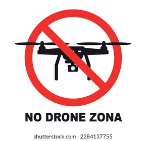 Señal de zona de exclusión para drones y drones. Icono drone de diseño plano con cámara de acción. Está prohibido volar con drones. Ilustración vectorial aislada de no volar.