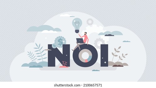 NOI or net operating income as calculation for real estate profitability of investment tiny person concept. Housing profit analysis for financial earning and interest management vector illustration.