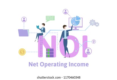 NOI, net operating income. Concept with keywords, letters and icons. Colored flat vector illustration on white background.