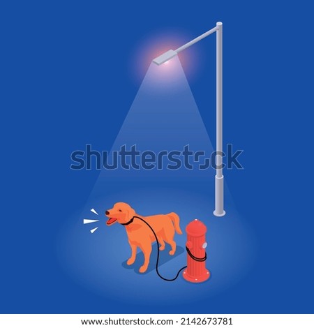 Noice pollution isometric concept with dog barking under the street light vector illustration
